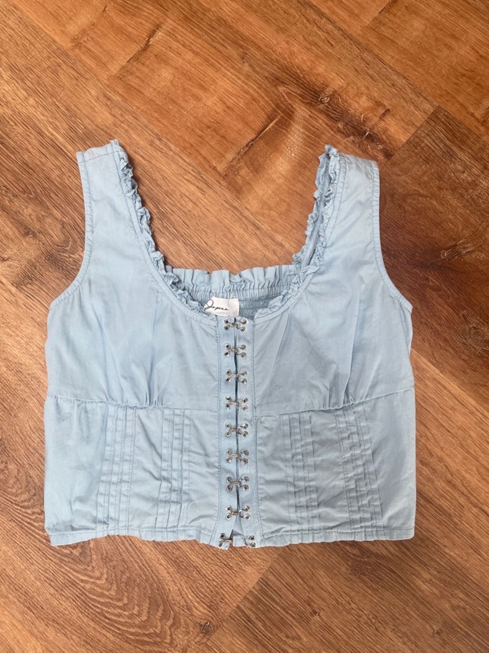 Japna Womens Milkmaid Peasant Blouse Tank Top Small Blue Smocked Romantic Cotton